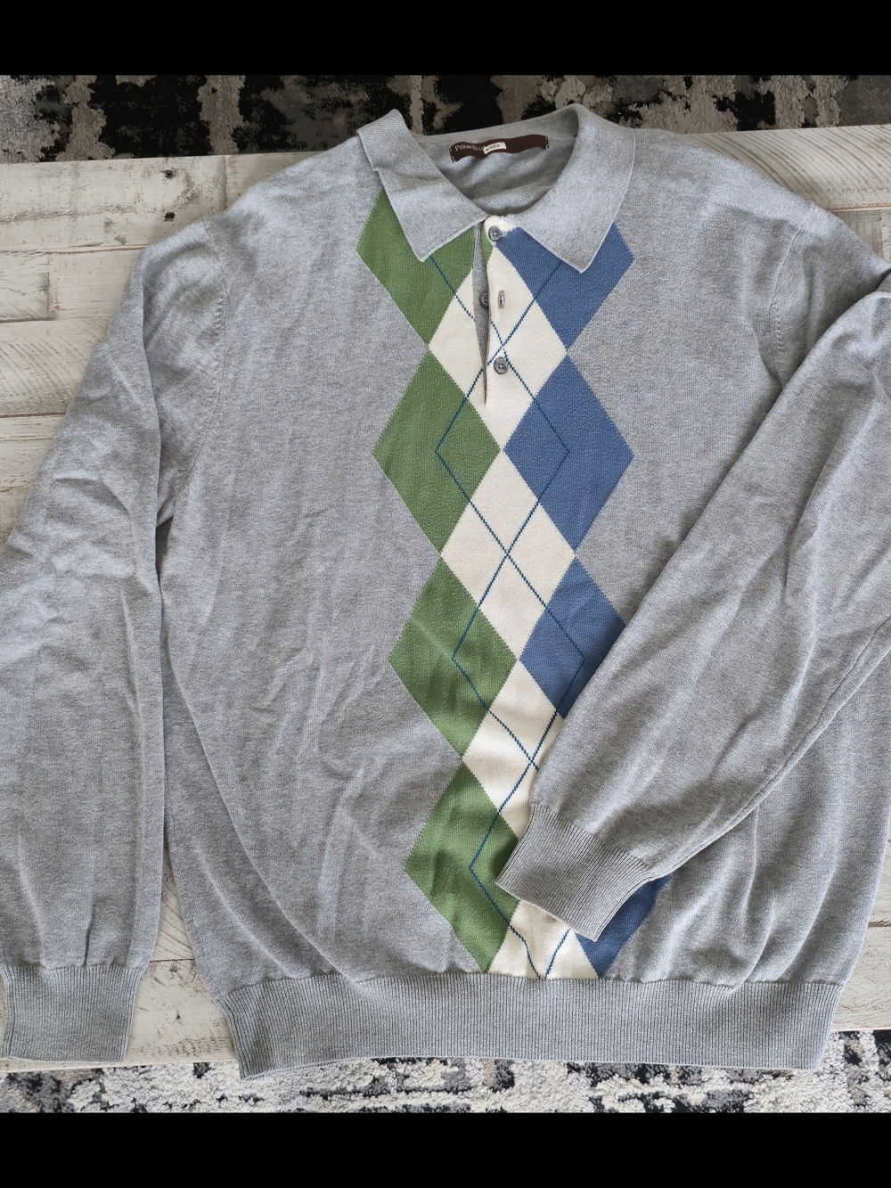 Men's Grey V-Neck Argyle Polo Sweater with Blue and Green Diamond Pattern